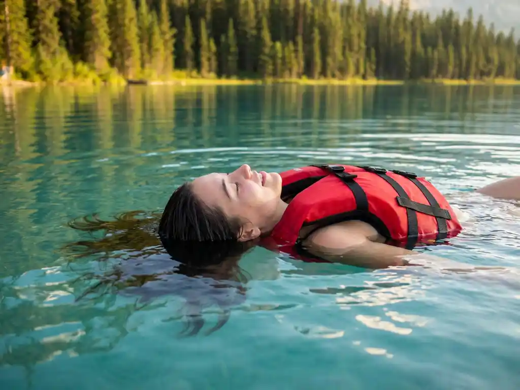 Jonge vrouw in rood reddingsvest drijft ontspannen op haar rug in helderturquoise meerwater, ogen gesloten, gouden zonlicht op zachte rimpelingen.