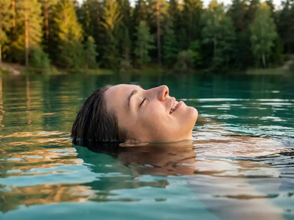 Vrouw drijft ontspannen op haar rug in helderturquoise meerwater, omringd door bosreflecties in warm namiddaglicht.