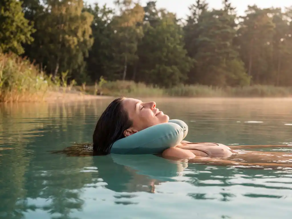 Vrouw met neksteunkussen drijft ontspannen in kalm turquoise water, Nederlands bos weerspiegelt op het wateroppervlak