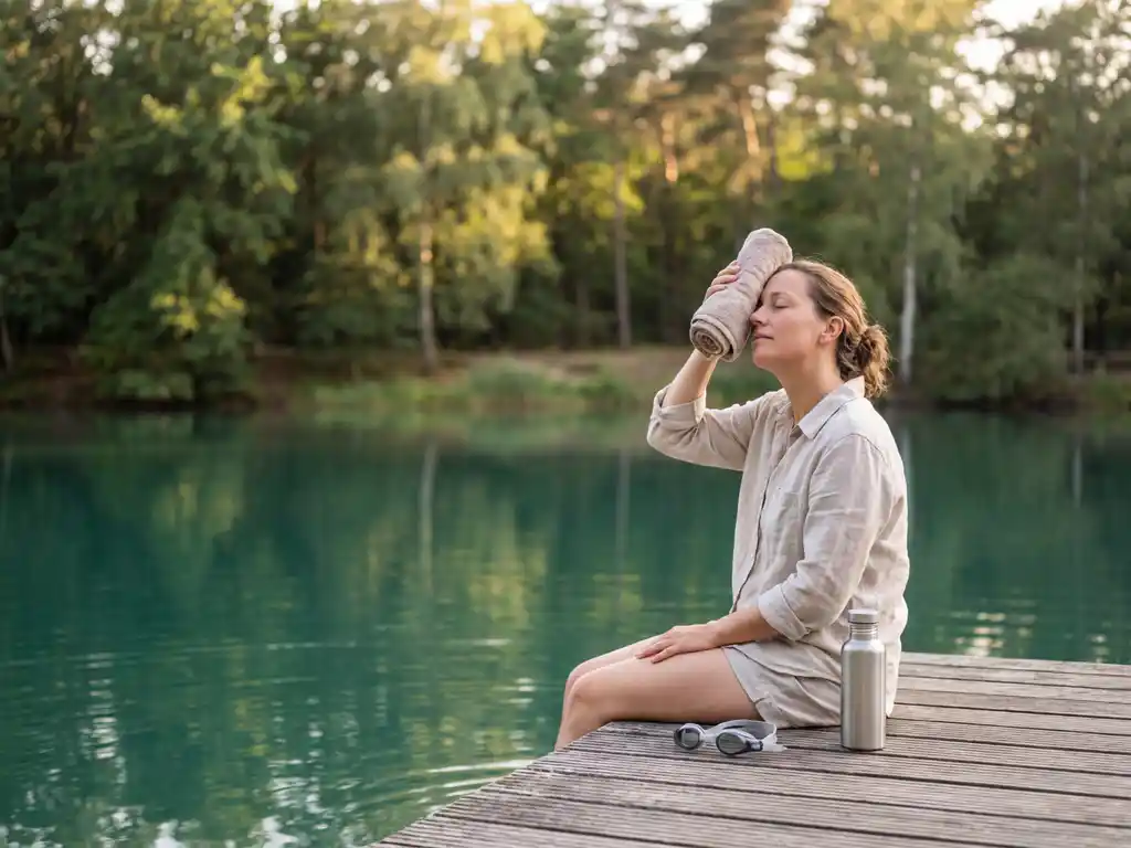 Vrouw rust op houten steiger aan kalm meer, houdt koele handdoek tegen voorhoofd, waterskibril en fles naast haar, bos weerspiegelt in water.