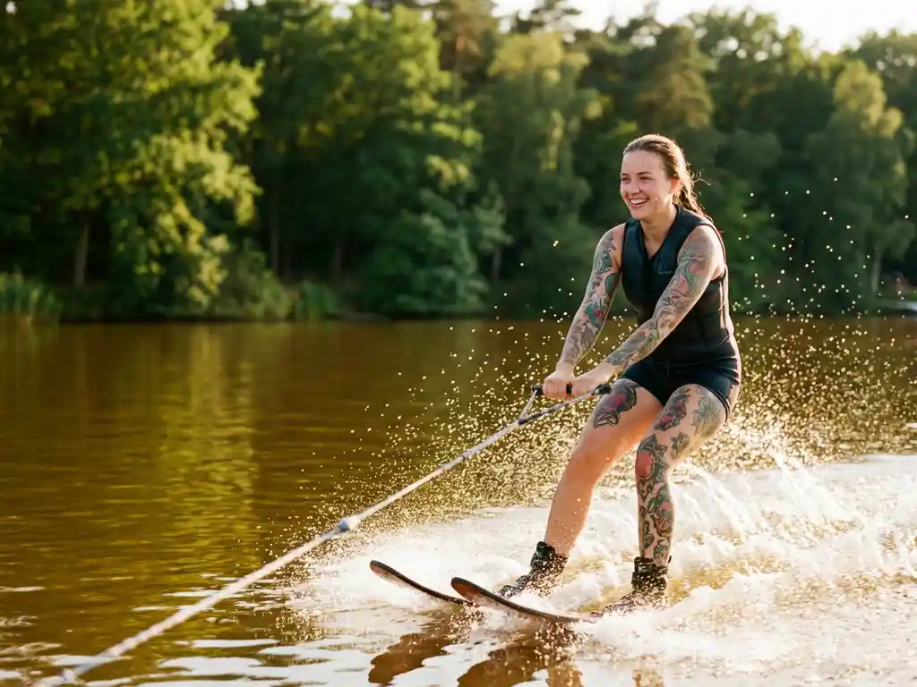 Jonge vrouw met kleurrijke sleeve tattoos waterskiet over een zonovergoten meer, gouden waterdruppels en weerspiegeling van groen bos.