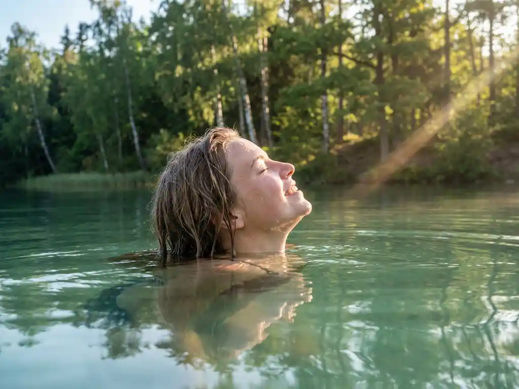 Jonge vrouw hapt naar adem terwijl ze uit een helder bosmeer oprijst, waterdruppels op haar gezicht, gouden ochtendlicht door de bomen.