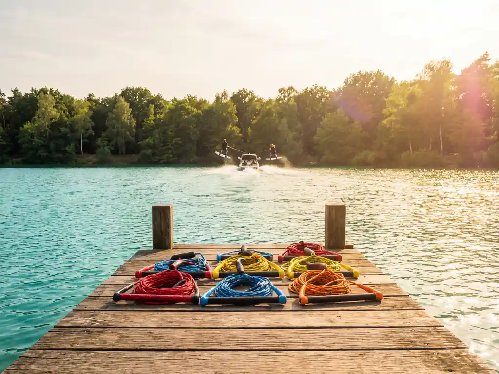 Kleurrijke wakeboardhandvatten en touwen op een houten steiger bij een turquoise meer, wakeboarders op de achtergrond, Nederlands bos in gouden zonlicht.