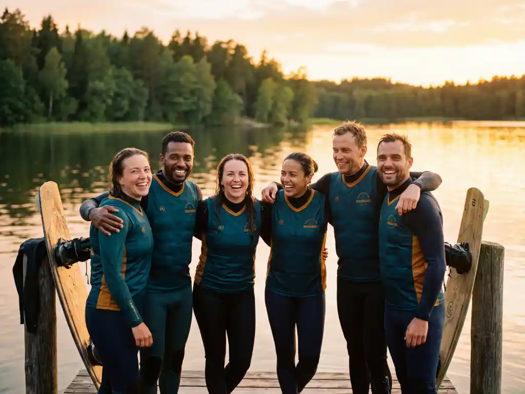 Wakeboardteam viert samen op houten steiger, waterdruppels op wetsuits, gouden zonlicht weerspiegelt op kalm meer met groen bos