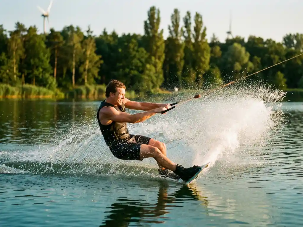 Gespierde wakeboarder maakt scherpe bocht met opspattend water, Nederlands bos weerspiegelt in meer, gouden avondlicht