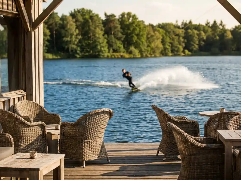 Houten terras met rieten stoelen aan een meer waar een wakeboarder door het blauwe water snijdt, omringd door groen bos in zomers licht.