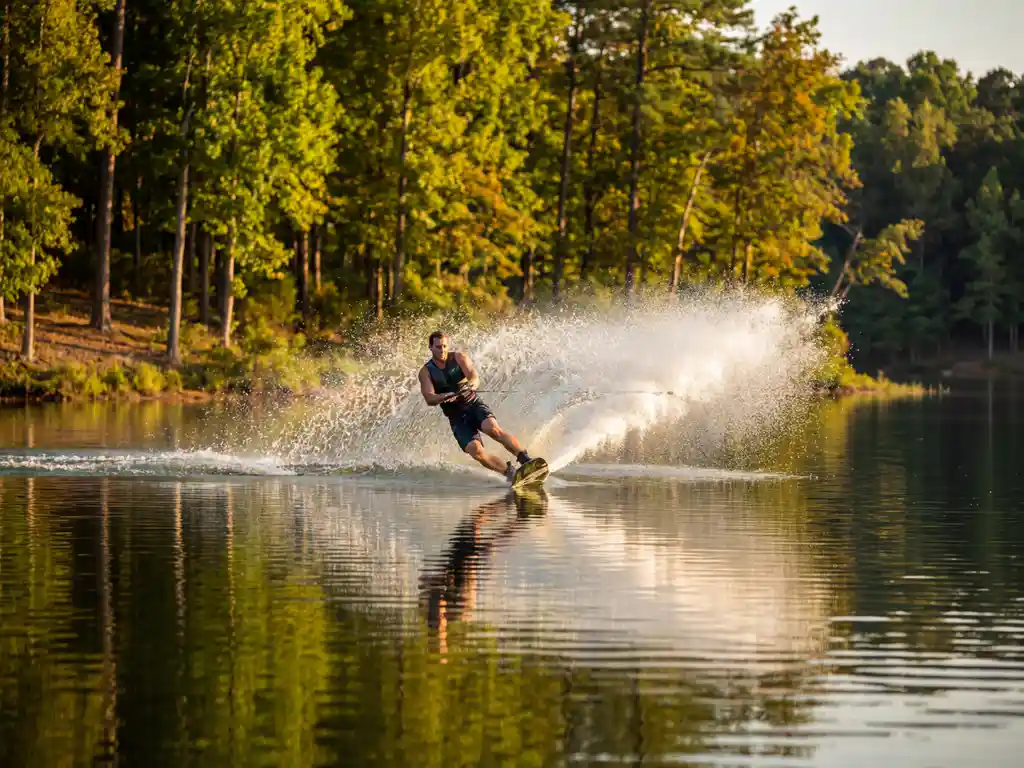 Wakeboarder glijdt over helder meertje met opspattend water, omringd door Nederlands bos in gouden avondlicht
