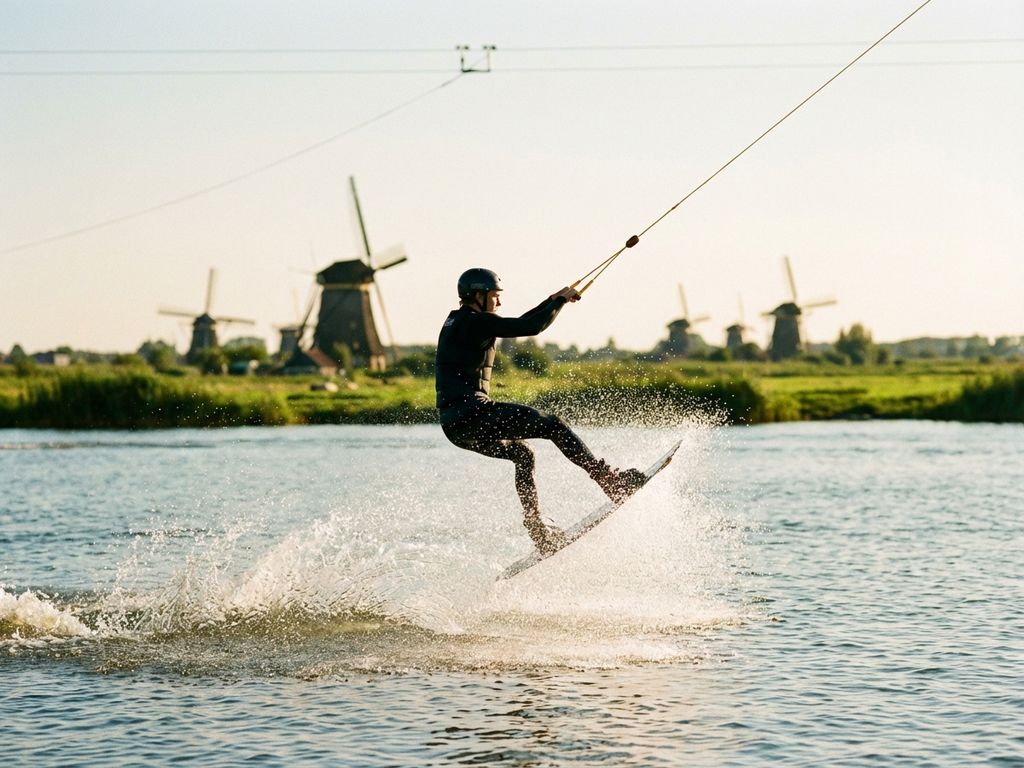 Wakeboarder in actie op een heldere Nederlandse plas met kabelbaan, waterdruppels en windmolens op de achtergrond