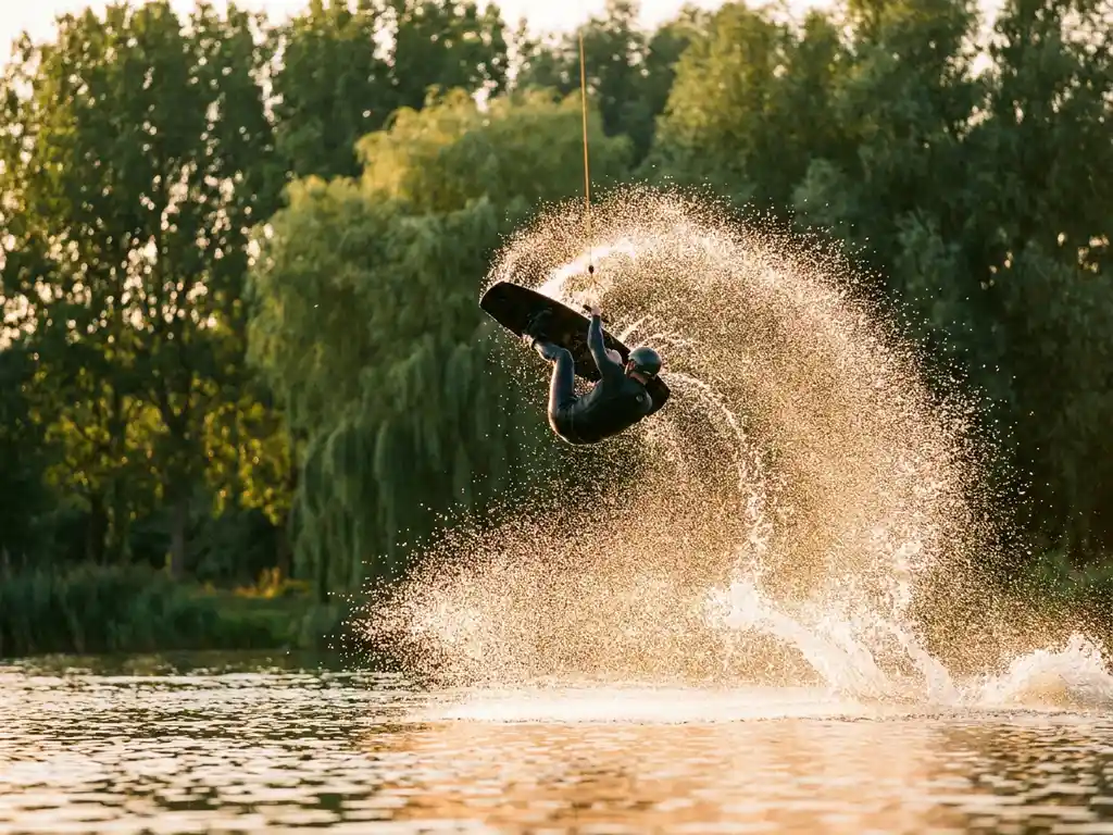 Wakeboarder maakt spectaculaire sprong met fonkelende waterdruppels tegen groene bosachtergrond tijdens gouden uur.
