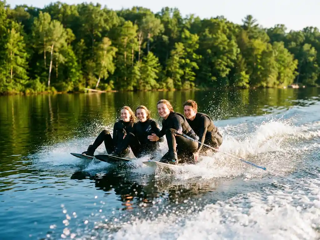 Tieners in wetsuits wakeboarden over een sprankelend meer, waterdruppels glinsteren in gouden namiddagzon met weerspiegeling van groen bos