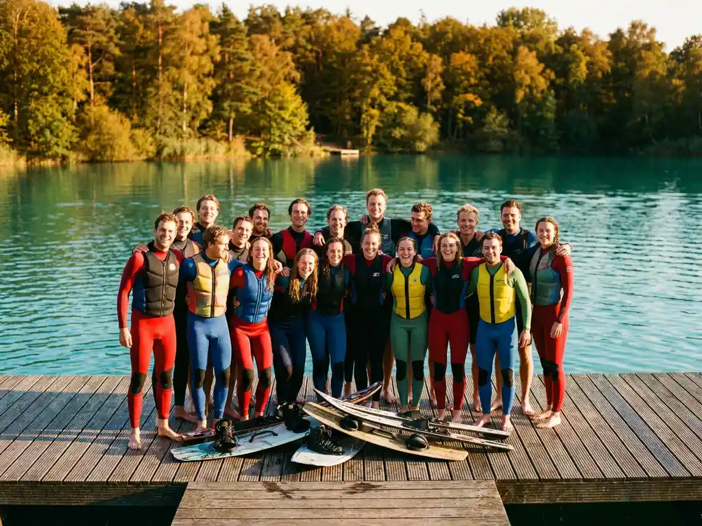 Vrienden in kleurrijke wetsuits op een houten steiger bij een turquoise meer, omringd door wakeboards en waterski's in gouden middaglicht.