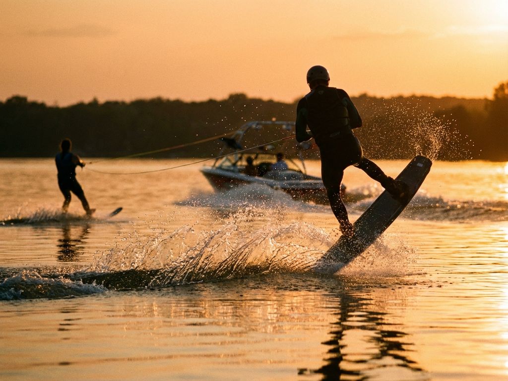 Wakeboarder maakt spectaculaire watersproei bij zonsondergang terwijl waterskiër op achtergrond over spiegelend meer glijdt