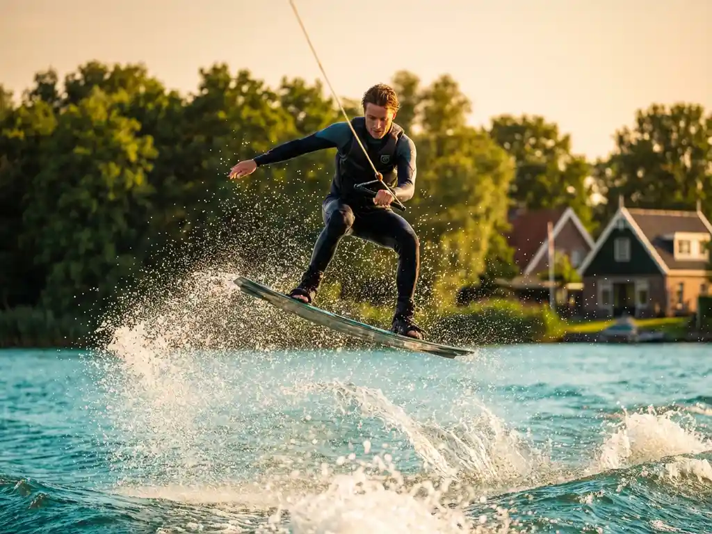 Wakeboarder maakt sprong boven turquoise meer, waterdruppels glinsteren in gouden namiddaglicht, groene bomenrij op achtergrond
