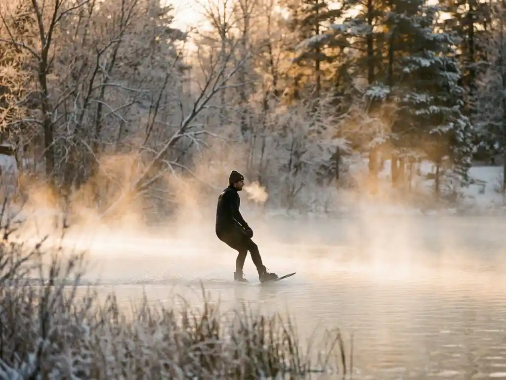 Wakeboarder glijdt over dampend meer bij zonsopgang, met rijpbedekte dennenbomen en amberkleurig ochtendlicht door kale takken.
