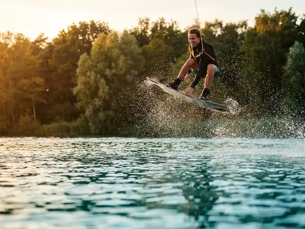 Wakeboarder maakt sprong boven turquoise meer, waterdruppels in gouden namiddaglicht, groene bosrand weerspiegeld in het water
