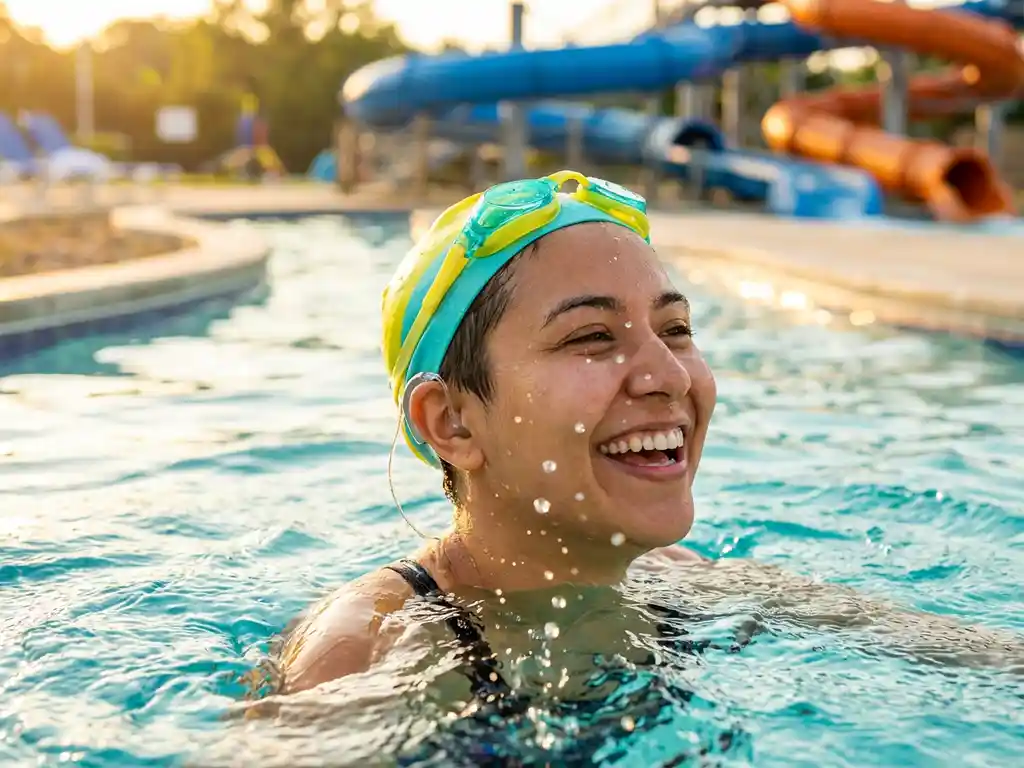 Vrolijke zwemmer met hoortoestel komt uit turquoise water bij waterpark, waterdruppels in zonlicht, glijbanen op achtergrond.
