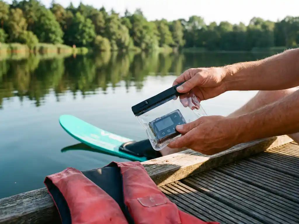 Handen houden een waterdichte insulinepomp-hoes naast een turquoise waterski op een kalm meer met bosreflecties.