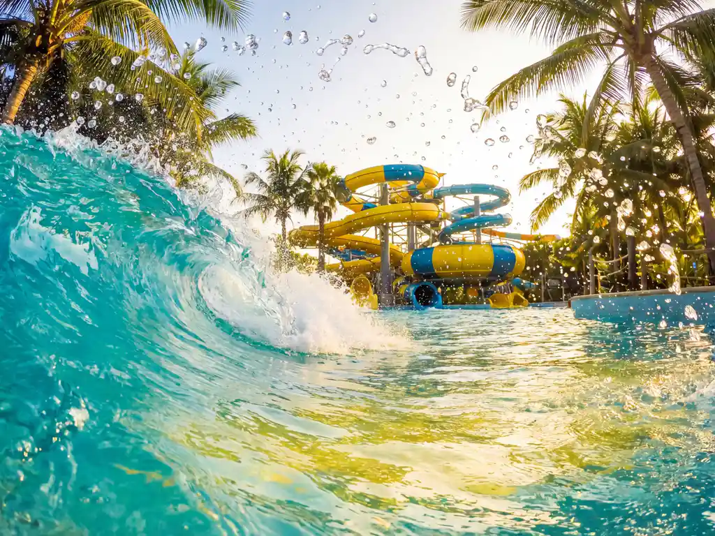 Turquoise golf krult in zonverlicht waterpark met glijbanen en palmbladeren, gouden zonlicht vangt kristalheldere waterdruppels.