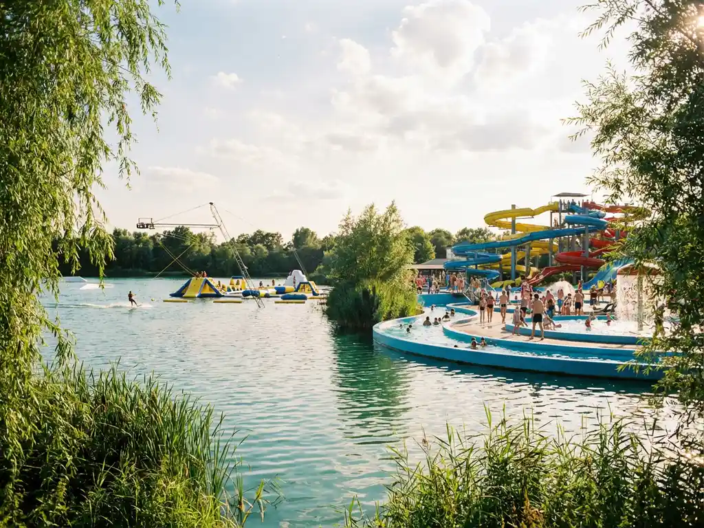 Waterpark met kleurrijke glijbanen naast natuurmeer met waterskibaan en drijvende obstakels, families genieten onder zomerse hemel