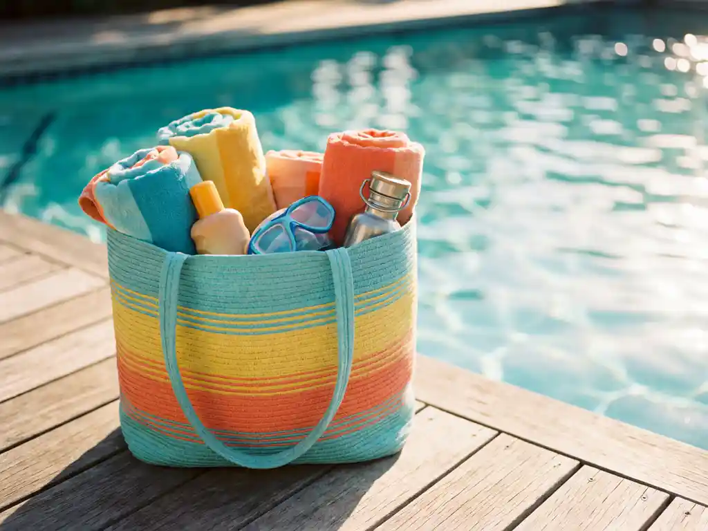 Kleurrijke strandtas met handdoeken, zonnebrand, zwembril en drinkfles op houten vlonder naast turquoise water in gouden zonlicht.
