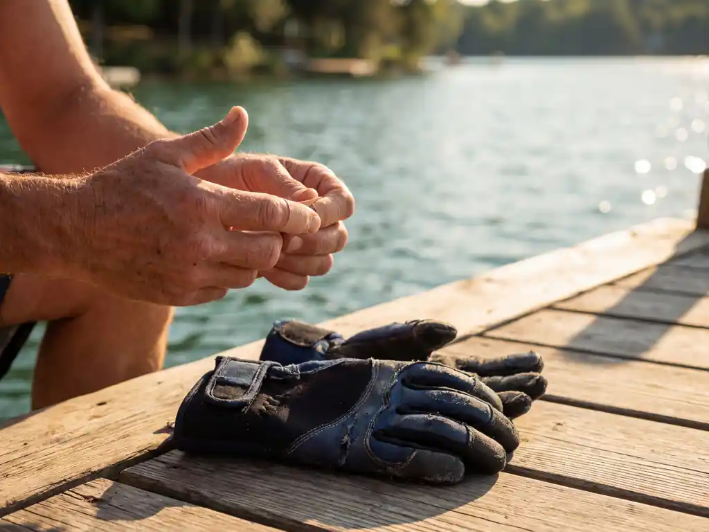 Verweerde handen brengen beschermende tape aan rond vingers, versleten waterskihandschoenen op verweerde houten steiger, glinsterend meer op achtergrond.