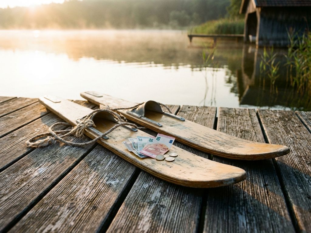 Versleten waterski's met eurobiljettten en munten op een verweerde houten steiger bij een kalm meer in ochtendlicht