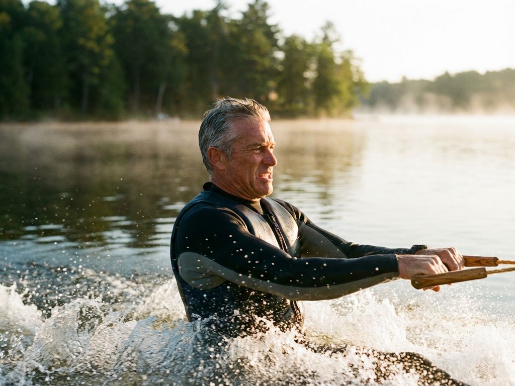 Man van middelbare leeftijd met grijs haar staat op uit het water tijdens waterskiën bij zonsopgang op een mistig meer