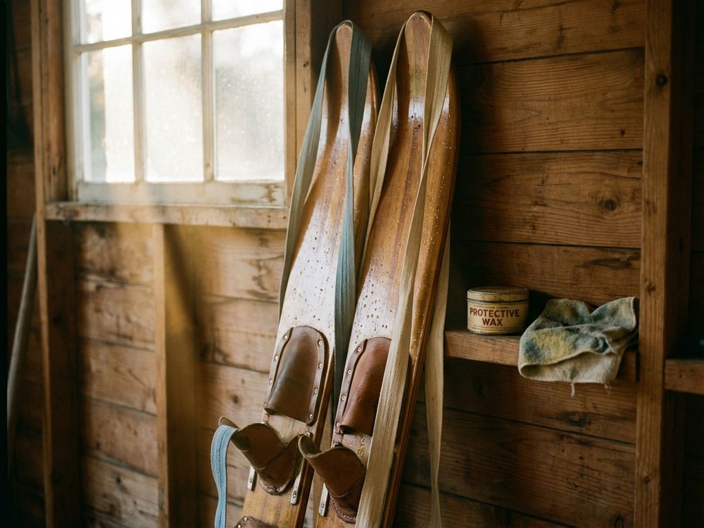 Gepolijste waterski's tegen een houten garagemuur met opbergriemen, wax en doek op een plank in warm herfstlicht