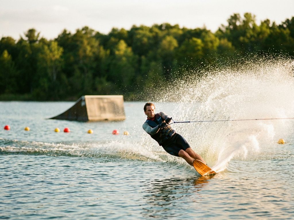 Waterskiër op slalomski snijdt door helder meerwater met dramatische waterspatten in warm gouden namiddaglicht