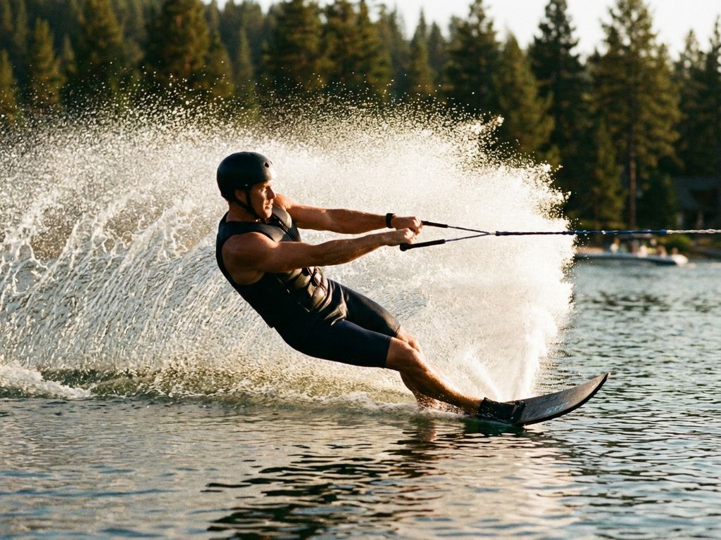 Waterskiër maakt scherpe bocht op slalomski met opspattend water in goudkleurig namiddaglicht op zomers meer