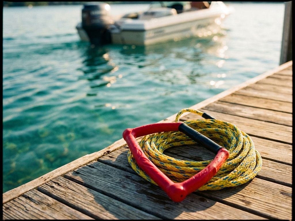 Rode waterski-touwgreep met opgerolde lijn op houten steiger, turquoise meerwater en speedboot op achtergrond