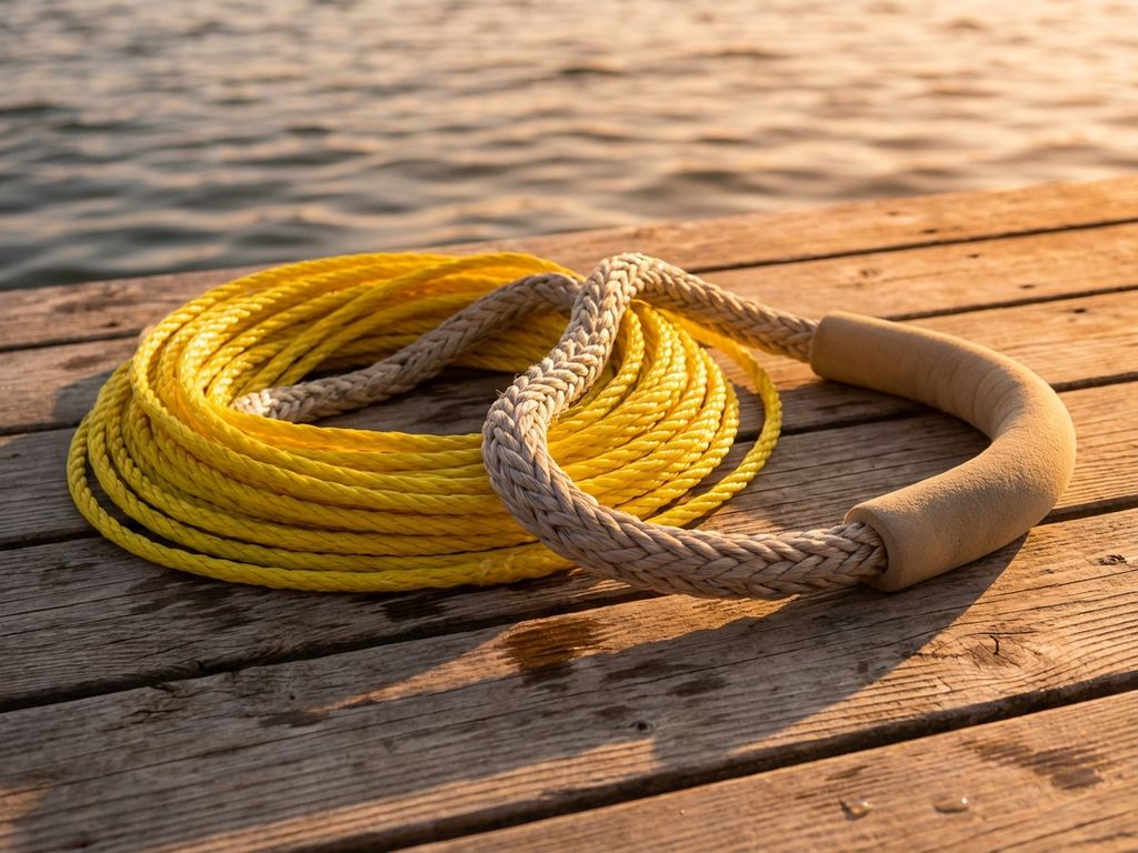 Gele waterski-touw en gevlochten wakeboard-touw met handvat op verweerde houten steiger bij een meer in warm zonlicht