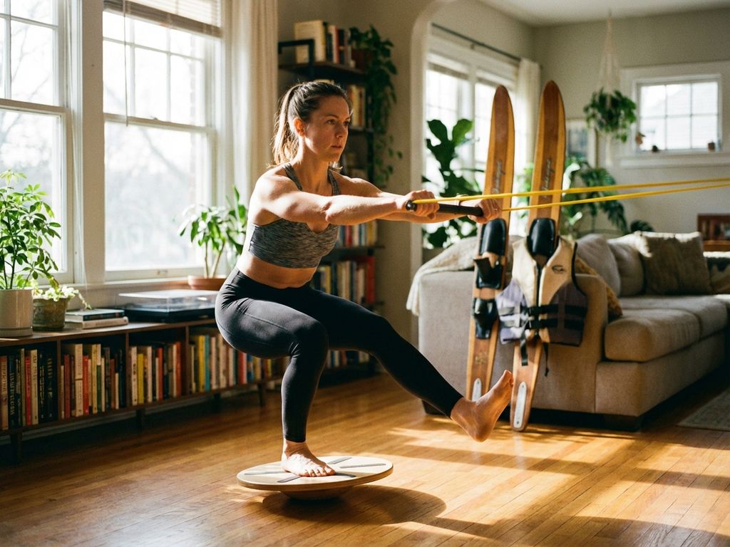 Atleet voert single-leg squat uit op balanceboard met weerstandsband, waterski-oefening in zonovergoten woonkamer.
