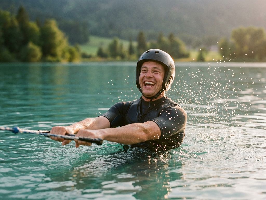 Waterskiër rijst triomfantelijk uit een turquoise meer, waterdruppels spatten rond, warm gouden tegenlicht bij zonsondergang