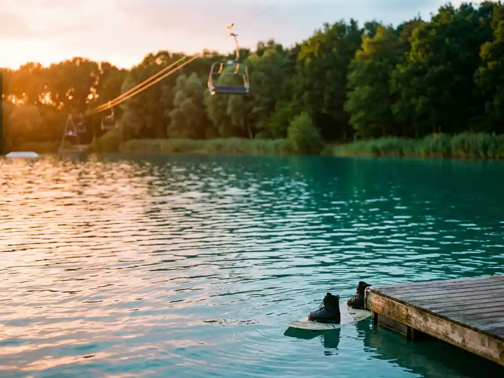 Kabelbaan boven rustig turquoise meer bij zonsondergang, wakeboard bij houten steiger, groene bosrand op achtergrond.