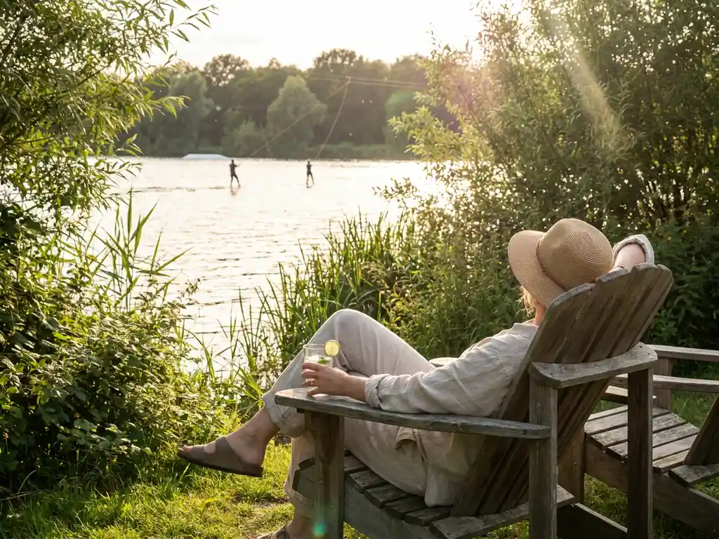 Ouder ontspant in houten ligstoel aan zonnig meer terwijl waterskiërs over kabelbaan glijden, Nederlands groen en gouden licht.