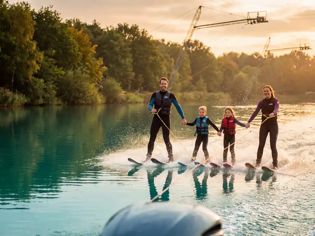 Gezin waterskiënd op spiegelglad meer bij zonsondergang, gouden licht op waterdruppels, groene bossen weerspiegeld in turquoise water.