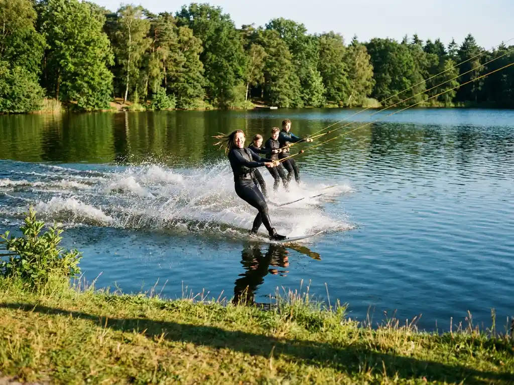 Tieners in wetsuits waterskiën op een kabelbaan over een zonnig Nederlands meer, met bos weerspiegeld in het water.