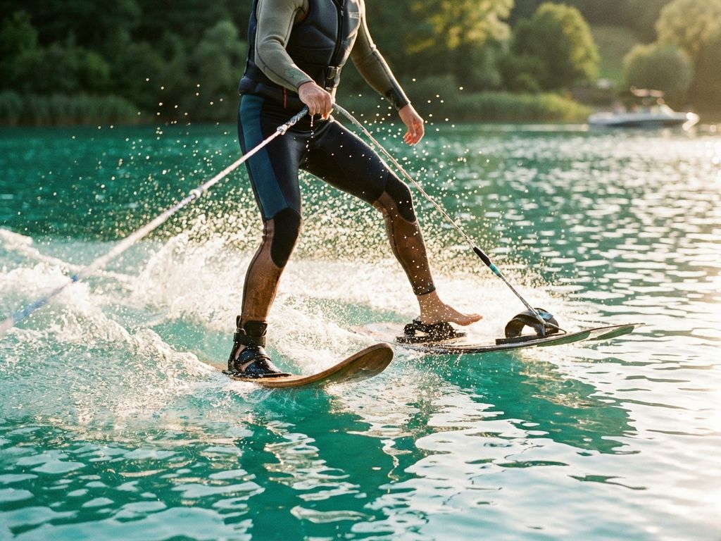 Watersporter balanceert tussen waterski en wakeboard op helderblauw meer met opspattend water in gouden zonlicht