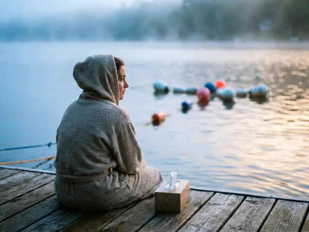 Persoon in handdoek gewikkeld op houten steiger bij mistig meer, kijkt weemoedig naar waterski-uitrusting in de verte, tissueBox naast zich.