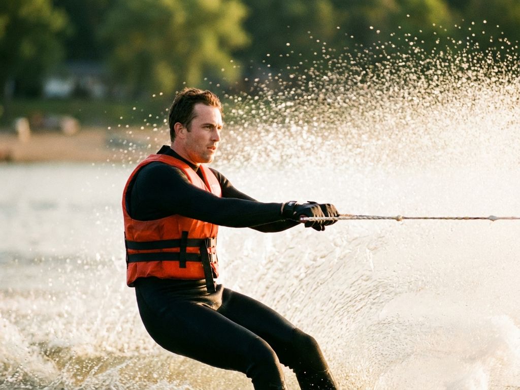 Waterskiër in actie met reddingsvest en wetsuit, grijpt sleeptouw vast terwijl waterdruppels opspatten in gouden zonlicht