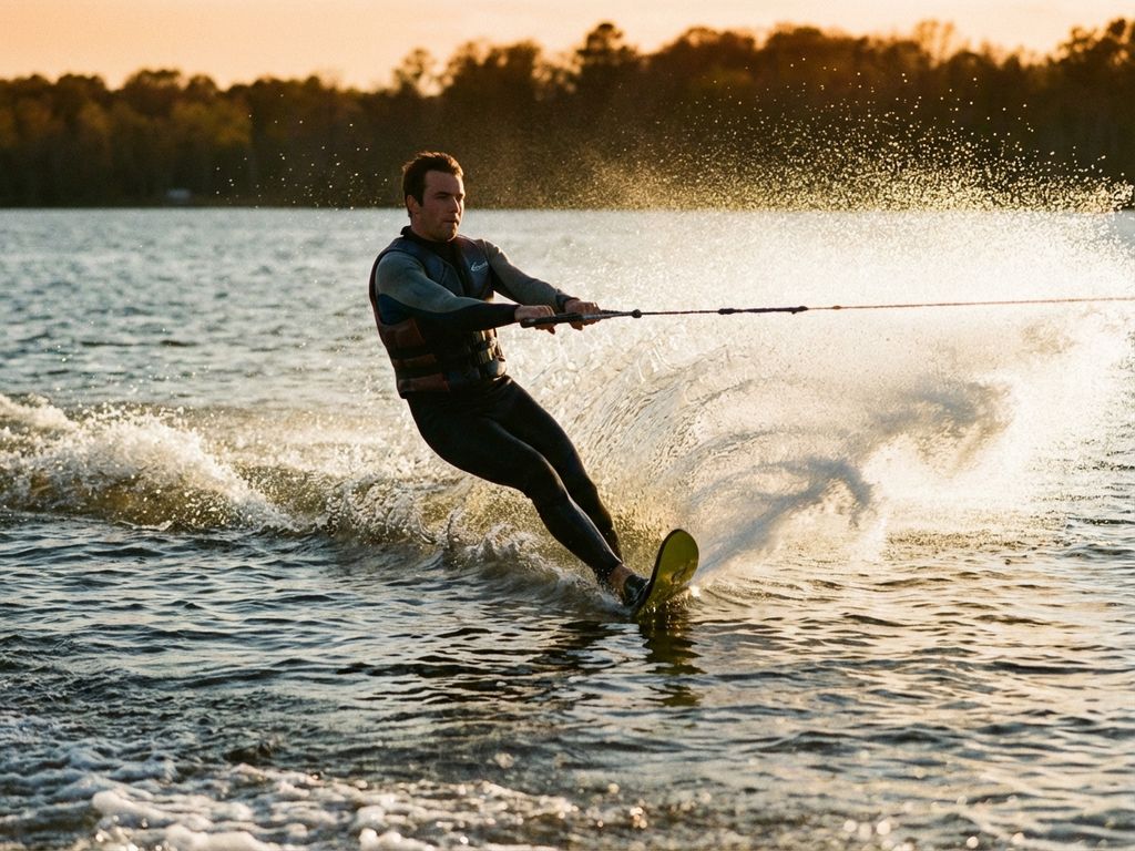 Gevorderde waterskiër in actie op meer met dramatische waterspatten, gouden namiddaglicht, wazige bomenrij op achtergrond