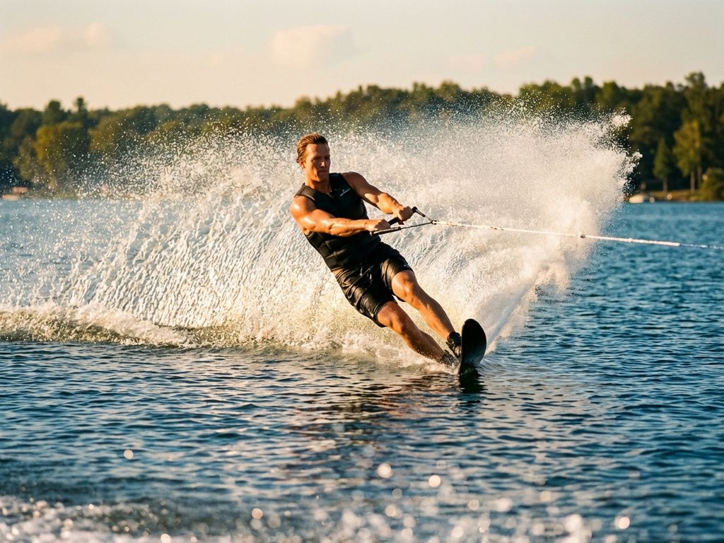 Atletische waterskiër snijdt door helder meerwater met dramatische waterspatten in gouden namiddaglicht