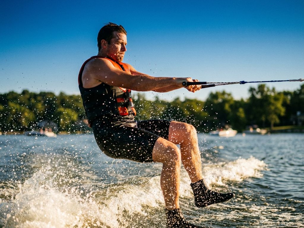 Waterskiër in actie met perfecte atletische houding, omringd door opspattende waterdruppels in zomers zonlicht