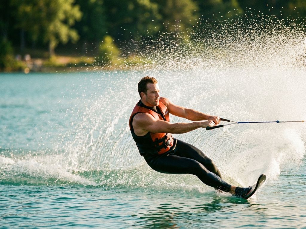Waterskiër in actie snijdt door helderturquoise water met opspattende druppels in gouden middaglicht bij een zomers meer