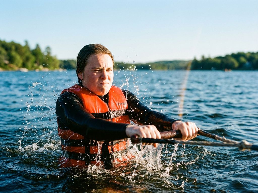 Beginnende waterskiër rijst uit blauw meer, grijpt sleeptouw vast, oranje reddingsvest, waterdruppels in gouden zonlicht