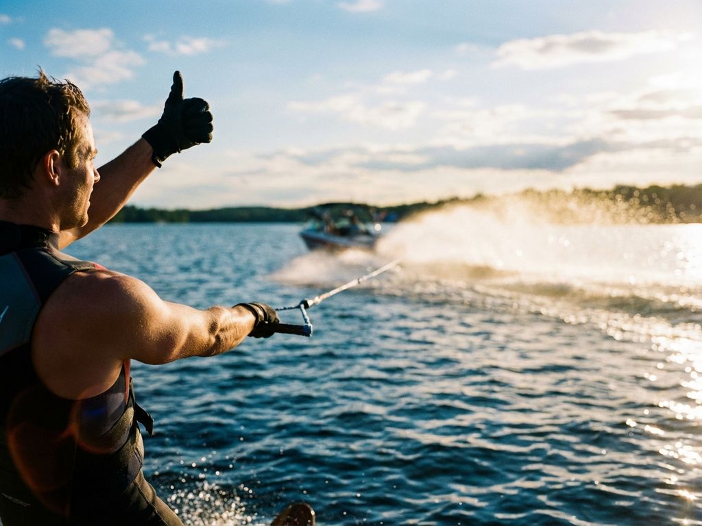 Waterskiër glijdt over blauw meerwater met duim omhoog naar de speedboot, waterdruppels glinsteren in gouden zonlicht