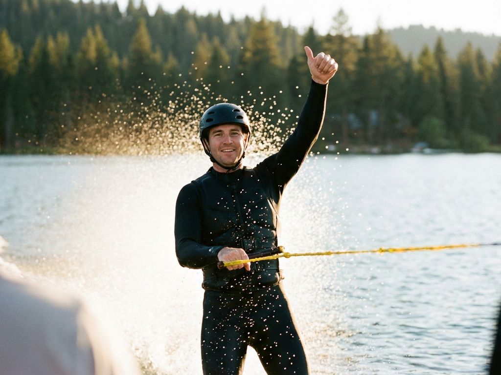Waterskiër geeft duim omhoog op zonnig meer, waterdruppels in gouden middaglicht, dennenbomen op achtergrond