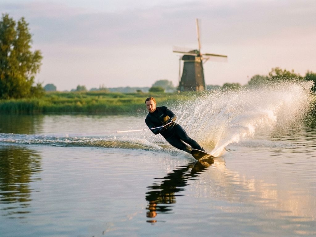 Waterski​ër in dynamische houding snijdt door spiegelglad meer bij zonsopgang, Hollandse molen op de achtergrond