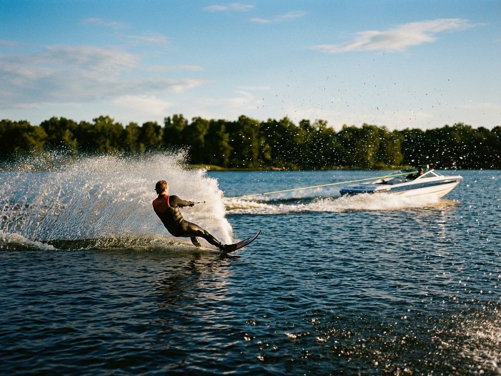 Waterskiër snijdt door helder meerwater met opspattende druppels in gouden zonlicht, speedboot en bosrijke oever op achtergrond